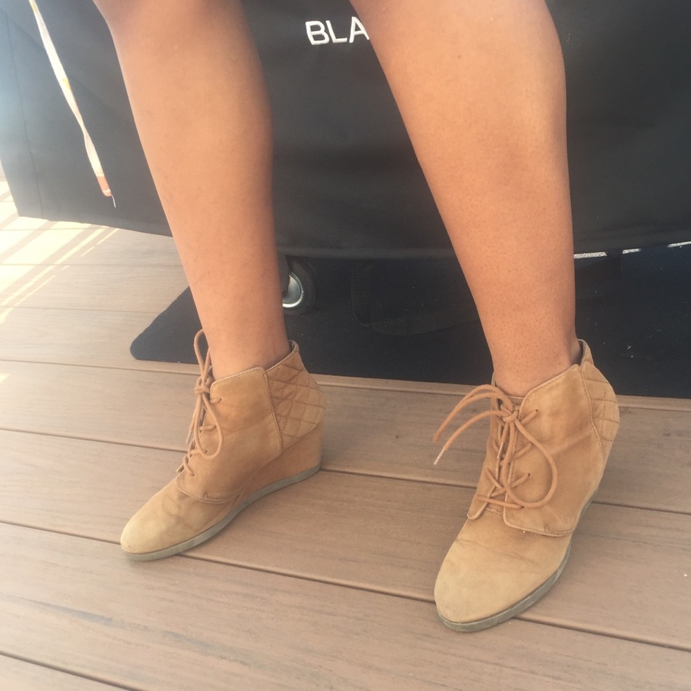 Tan tie up ankle wedges